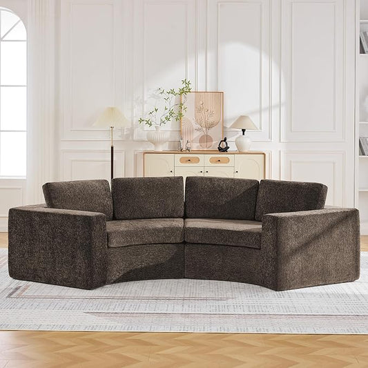 WUTUTUEE 119'' Curved Round Boneless Sofa, Oversized Modular Sectional Sofa with Deep Seat & Arms, Chenille Memory Foam Sofa with Pillows, Upholstered Comfy 4 Seat Couch for Living Room, Brown