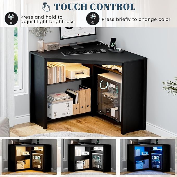 Corner Desk with Charging Station and LED Lights, Black | Triangle gaming computer desk for home office. Features space saving storage shelves, CPU stand, and smart LED light