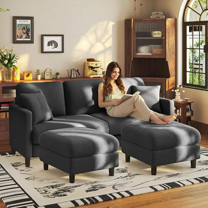 Welzona 83" Couches for Living Room, Teddy Sofa Couch with Storage Ottomans, U Shaped Couch with Movable Ottomans, Tool-Free Modular Sectional Sofa, All-Wood Sofas for Living Room 2 Pillows, Grey