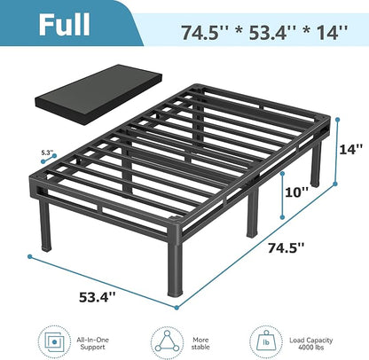 NKZ Box Spring Full Size, 14 inch All-in-One Box Spring with 9 Legs for Full Bed, 4000lbs Heavy Duty Metal Mattress Foundation with Fabric Cover, Noise Free, Easy Assembly, Black