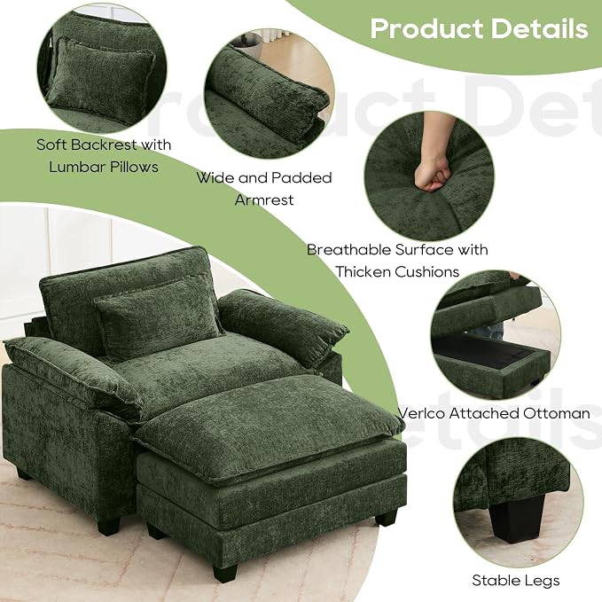 Oprisen 53" Modular Sectional Sofa, Comfy Cloud Couch Sectional Sofa with Ottoman, Chenille Sofa Sleeper Deep Seat Sofa with Throw Pillows for Living Room (Green)
