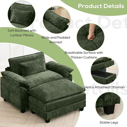 Oprisen 53" Modular Sectional Sofa, Comfy Cloud Couch Sectional Sofa with Ottoman, Chenille Sofa Sleeper Deep Seat Sofa with Throw Pillows for Living Room (Green)