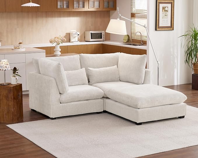 77" Oversized Chenille Couch Modular Sectional Sofa, Washable Cloud Couch Sectional with Ottoman, 3 Seater Sectional Couches for Living Room, Fully Cover Removable, L Shaped, Chenille, White
