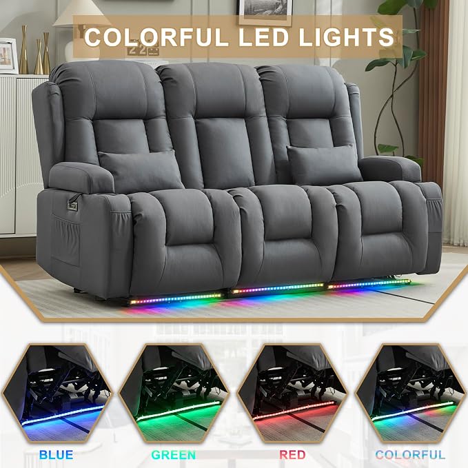 URRED Power Loveseat Recliner Sofa with Massage and Heat, Wall Hugger Reclining Loveseat with Console, RV Couch Home Theater Seating with LED Lights for Living Room (Blue Grey, 76.8" - 3 Seats)