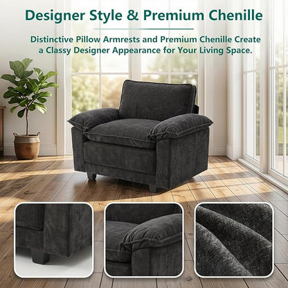 Modern Cloud Single Sofa, Comfy Chenille Couch for Living Room, Dark Gray | Cloud Couch，Comfortable Cushioning，Cozy Armrest Support，Modern Appearance，Easy Assembly, Sturdy Frame