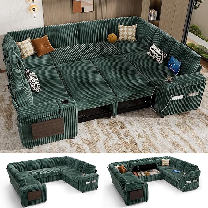 Vipbear 111" Modular Sectional Sleeper Sofa with Pull Out Bed, 8 Seat Plush Corduroy U Shaped Couch with Storage Chaise|USB Ports|Cup Holders|Side Table| Storage Armrests, Tool Free Assembly, Green