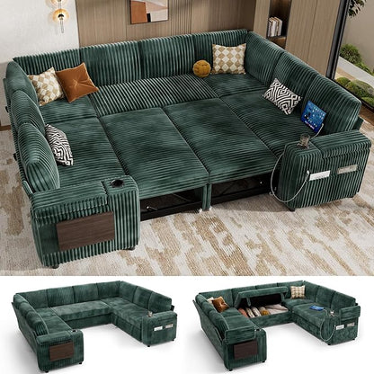 Vipbear 111" Modular Sectional Sleeper Sofa with Pull Out Bed, 8 Seat Plush Corduroy U Shaped Couch with Storage Chaise|USB Ports|Cup Holders|Side Table| Storage Armrests, Tool Free Assembly, Green