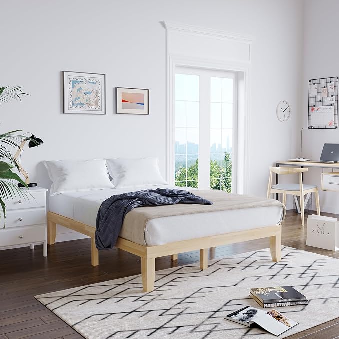 Giantex 14 Inch Full Wood Platform Bed Frame, Minimalist Style Mattress Foundation with Solid Rubber Wood, Heavy Duty Slat Support, Without Headboard, Easy Assembly, No Box Spring Needed, Natural