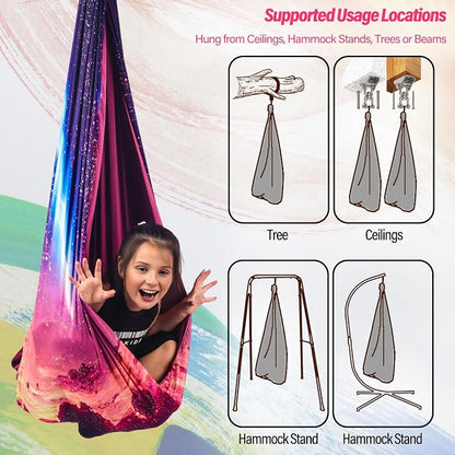 Sensory Swing for Kids & Adults Holds up to 300lbs Indoor & Outdoor Double Layer Therapy Cuddle Swing with 360° Swivel Hanger Kit for Calming, Effect for Autism, ADHD or SPD. (Fantasy Pink)