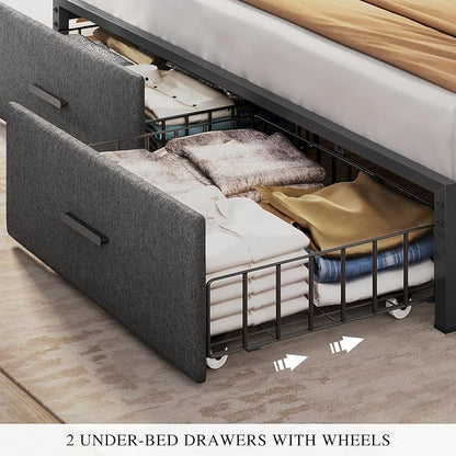 DWVO King Size Bed Frame with 2 Storage Drawers and Charging Station, Linen Upholstered Platform Bed with Storage Headboard and LED Light, Heavy Duty Metal, No Box Spring Needed, Noise Free, Grey