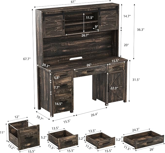LUMISOL Farmhouse Executive Desk with Hutch and Charging Station, Computer Desk with 2 Sliding Barn Doors, 5 Drawers and Storage Cabinet with 3-Position Adjustable Shelf, Rustic Grey