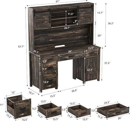 LUMISOL Farmhouse Executive Desk with Hutch and Charging Station, Computer Desk with 2 Sliding Barn Doors, 5 Drawers and Storage Cabinet with 3-Position Adjustable Shelf, Rustic Grey