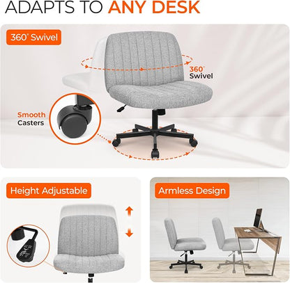 Orange Factory Criss Cross Chair Wheels Wide Cross Legged Office Desk Vanity Chair Comfy Fabric Armless Adjustable Swivel for Home Computer Task (Grey Wheel, Fabric)