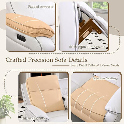 Power Reclining Sofa with Fold Down Table, Breathable PU Leather Electric Reclining Couch, 3 Seater Recliner Sofa with Power Outlets/USB-C/A Ports for Living Room(White, 3 Seat)