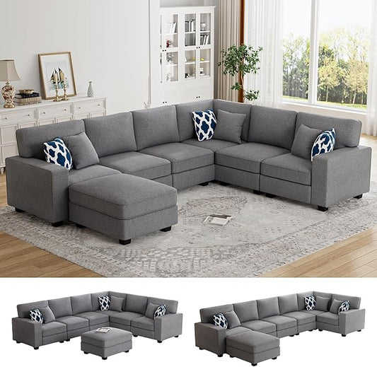 Legend Vansen Oversized Modular Sectional Sofa,U/L‑Shaped Reversible Couch with Ottoman,Deep Seat Plush Polyester Sofa for Living Room,7‑Seater,Dark Grey