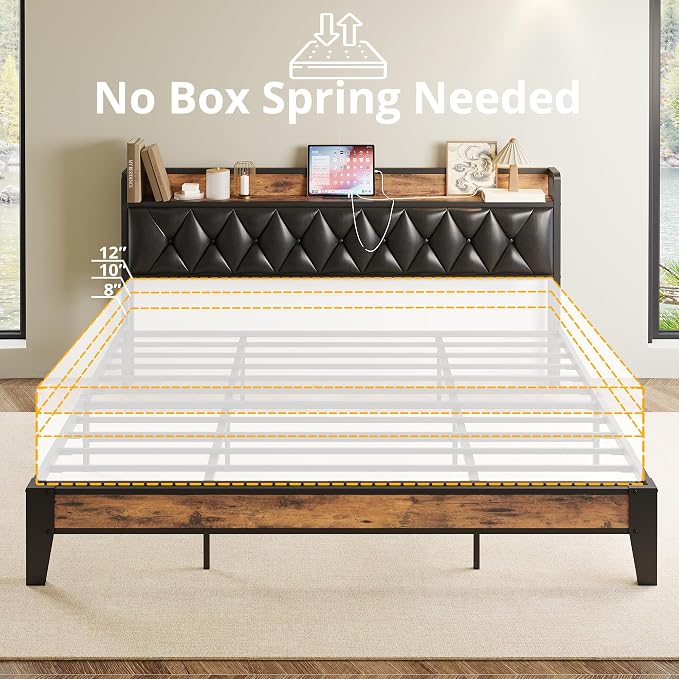 ANCTOR King Bed Frame, Storage Headboard with Outlets, Easy to Install, Sturdy and Stable, No Noise, No Box Springs Needed, Rustic Brown and Black