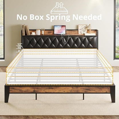 ANCTOR King Bed Frame, Storage Headboard with Outlets, Easy to Install, Sturdy and Stable, No Noise, No Box Springs Needed, Rustic Brown and Black