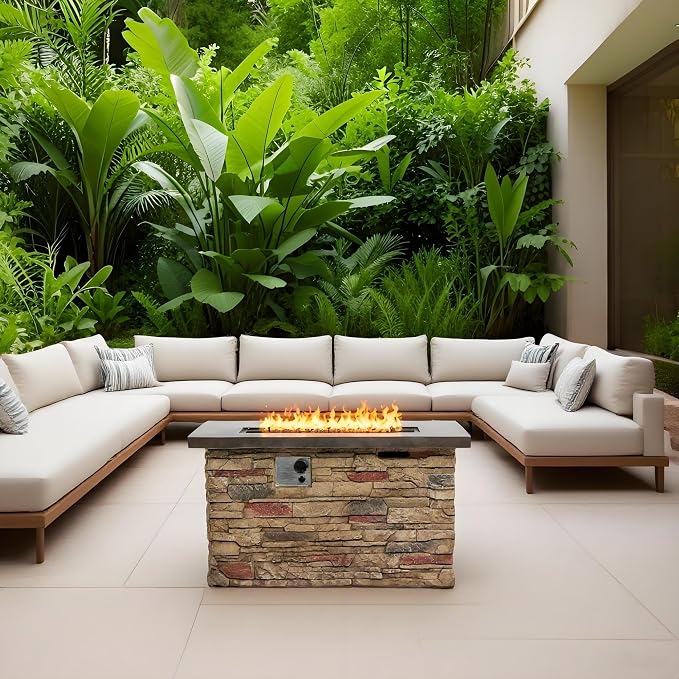 42" Propane Gas Fire Pit Table, 50,000 BTU Rectangular Concrete Outdoor Fire Pit with Lid & Glass Beads for Patio, Deck, Backyard & Garden, Beigie Multi