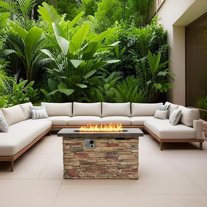 42" Propane Gas Fire Pit Table, 50,000 BTU Rectangular Concrete Outdoor Fire Pit with Lid & Glass Beads for Patio, Deck, Backyard & Garden, Beigie Multi
