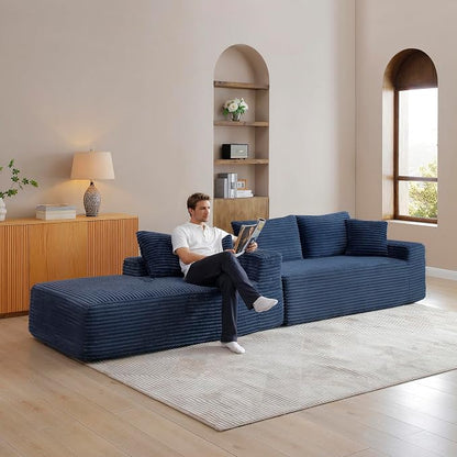 105-Inch L-Shaped Left Facing Corner Compressed Sofa Modular Sectional Boneless Cloud Sofa Floor Foam Couch with Chaise Lounge, Corduroy Corner Boneless Cloud Couch