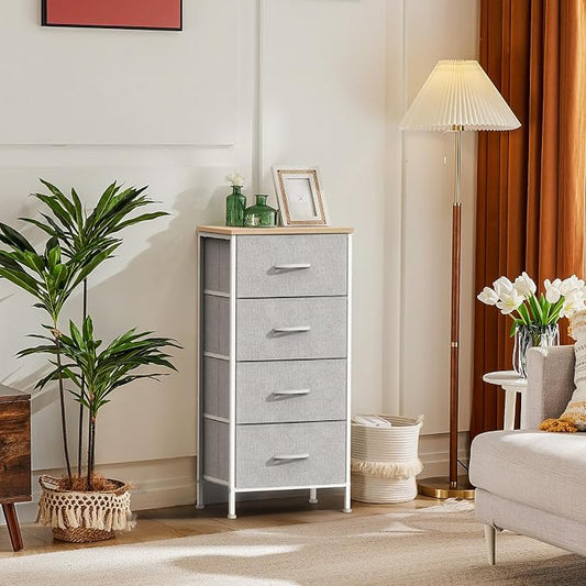 DUMOS Nightstand with 4 Drawers Bedside Table with Removable Fabric Bins Sturdy Steel Frame Wood Top Organizer Grey Nightstand for Bedroom Closet Living Room,Light Gray