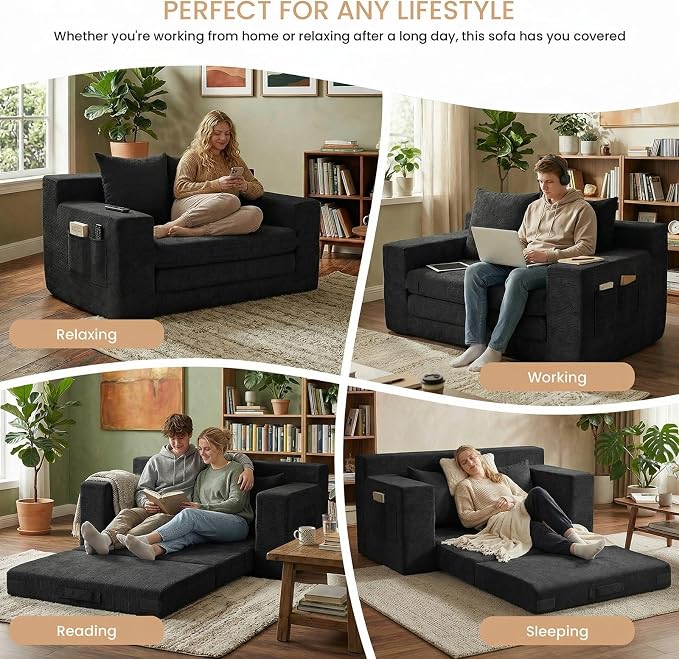 Boneless Loveseat Sofa Bed, Tri-Folding Convertible Futon Sleeper with Handle & Side Pockets, 54'' Boneless Couch with Hook and Loop No Assembly for Small Space,Living Room & Bedroom