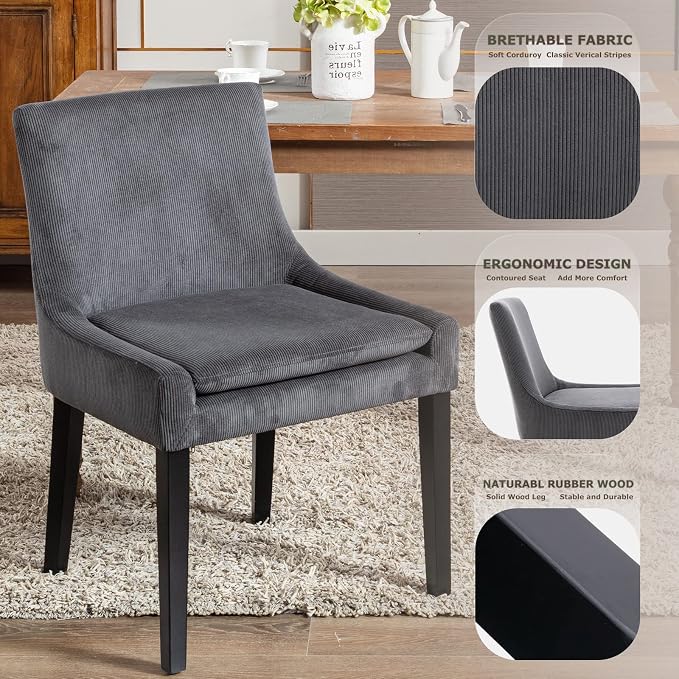 COLAMY Modern Dining Chairs Set of 4, Upholstered Corduroy Accent Side Leisure Chairs with Mid Back and Wood Legs for Living Room/Dining Room-Grey
