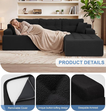 Hobestluk Modular Sectional Sofa Couches L-Shape Couch 3 Seat Modular Sofa Memory Foam Sectional Couches for Living Room, Cloud Couch with Oversized Chaise (Black Tufted, 96", Right Hand Facing)