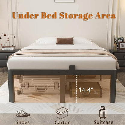 16 Inch Black Bed Frame Queen Size, Metal Platform Queen Bed Frame with Anti-Slip Baffles, No Box Spring Needed, Heavy Duty Steel Platform Support, Round Corner Design, Storage Space, Noiseless