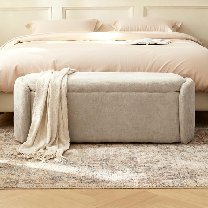 VKNOW 46" Oval Storage Ottoman Bench, Upholstered End of Bed Bench Ottomans Bench Foot Rest, Sherpa Storage Bench for Bedroom, Living Room and Hallway, Light Brown
