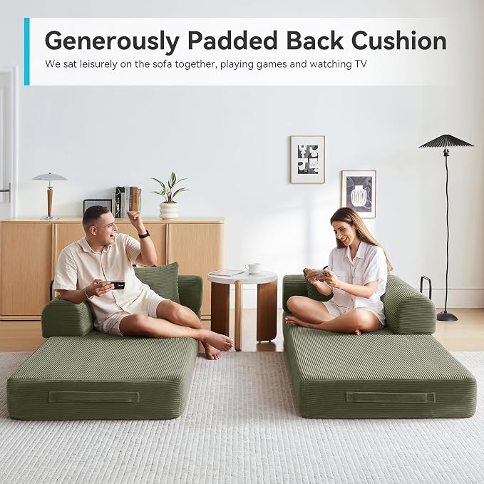 Sleeper Sofa, Comfy Convertible Folding Couch-Futon-Corduroy Fabric Sleeper Sofa Bed with 2 Pillow, Removable Soft Cushion for Small Living Room Dorm/Bedroom/College/Office (Light Green)