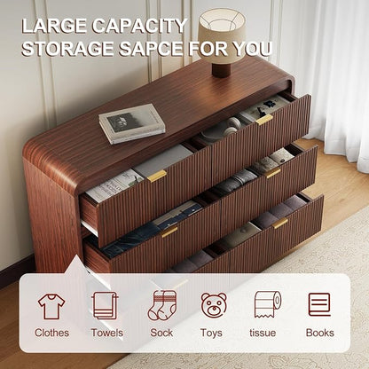 FURSUN Fluted 6 Drawers Dresser for Bedroom, 54" Wide Wooden Dresser with Metal Handle, Curved Profile Design, Modern Storage Organizer for Bedroom, Living Room, Hallway, Dark Walnut