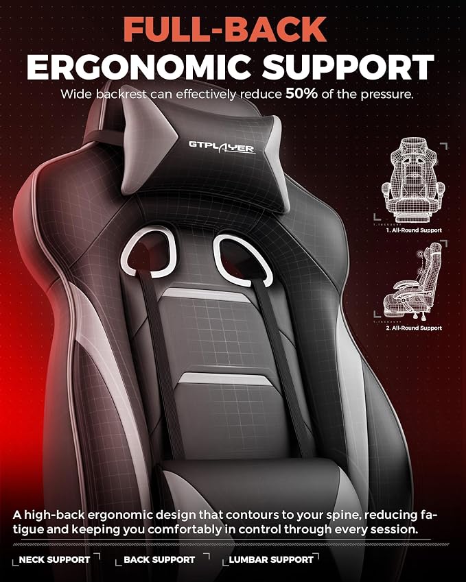 GTPLAYER Gaming Chair with Footrest, Big and Tall Computer Game Chair 350lb Racing Style, Ergonomic High Back Lumbar Support and Recliner, Moon Gray