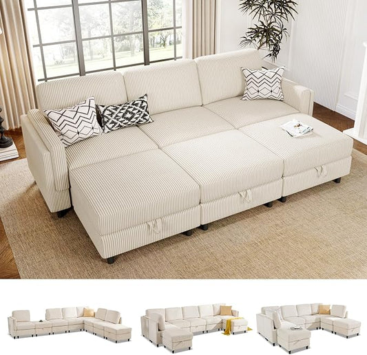 KKL 6 Seaters Sofa Bed for Living Room - Sofa Couch with Storage Ottoman, Convertible L/U-Shaped Sleeper Couch for Living Room, Modern Reversible Design, Beige