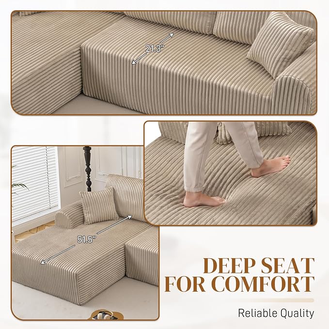 110" L Shaped Boneless Sectional Couches for Living Room, Comfy Corduroy Floor Cloud Sofa with Chaise, Wide Armrest, Deep Seat, Memory Foam, Assembly Free, Ideal for Small Spaces, Brown