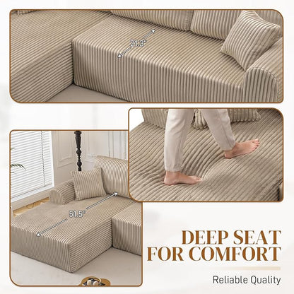 110" L Shaped Boneless Sectional Couches for Living Room, Comfy Corduroy Floor Cloud Sofa with Chaise, Wide Armrest, Deep Seat, Memory Foam, Assembly Free, Ideal for Small Spaces, Brown