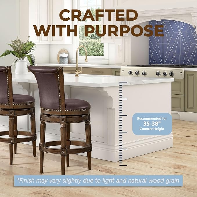 ROME + OAK Runyan 26" Swivel Counter Stool, Rotating High Back Barstool in Dark Walnut Finish with Vintage Brown Vegan Leather Seat