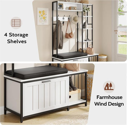 Hall Tree Coat Rack, Hall Tree With Bench and Shoe Storage Shoe With, Mud Room Storage Furniture，39.37 X 15.74 X 69.69 Inches, Rustic White
