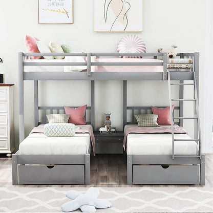 Wood Triple Bed Bunk Bed with 2 Storage Drawers, 3-in 1 Full Over Twin & Twin Bunk Bed Frame with Built-in Middle Drawer, Guardrail Ladder for Kids Teens Adults, Maximized Space Design (Grey1-full)