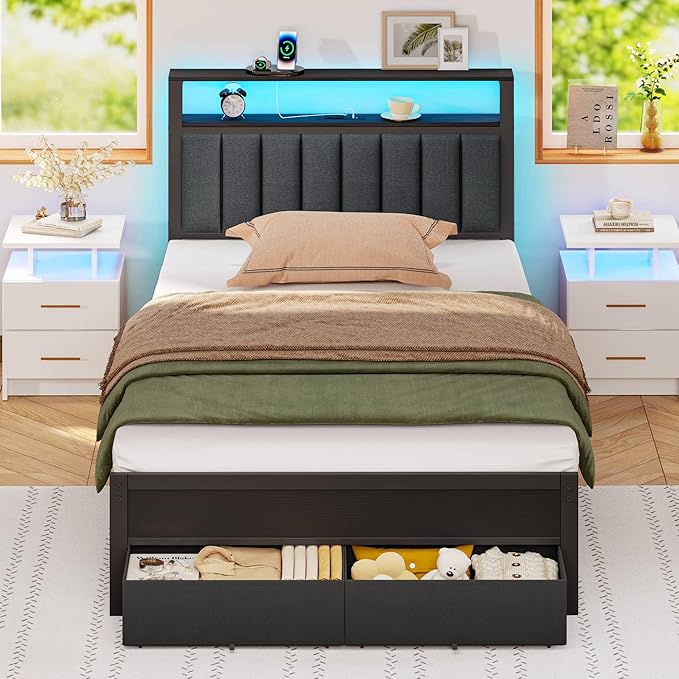 Furnulem Twin Bed Frames with Storage Drawers and Upholstered Headboard | Grey Metal Platform Bed with Charging Station, LED Lights, 2 Tier Shelves, Fabric Drawers. No Box Spring Needed, Noise Free