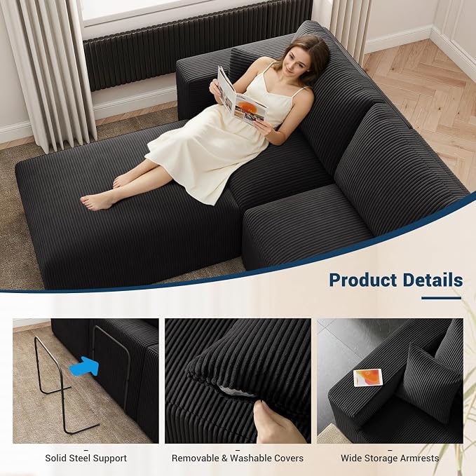 Modular Sectional Sofa Bed with Chaise, 115" Memory Foam Cloud Couch, Boneless Corduroy Upholstered Floor Couch, No Assembly Required Living Room Furniture for Apartment Home, Black