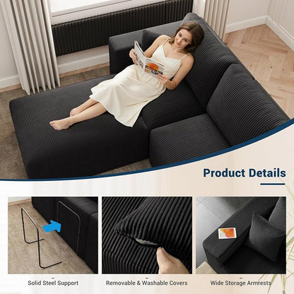 Modular Sectional Sofa Bed with Chaise, 115" Memory Foam Cloud Couch, Boneless Corduroy Upholstered Floor Couch, No Assembly Required Living Room Furniture for Apartment Home, Black