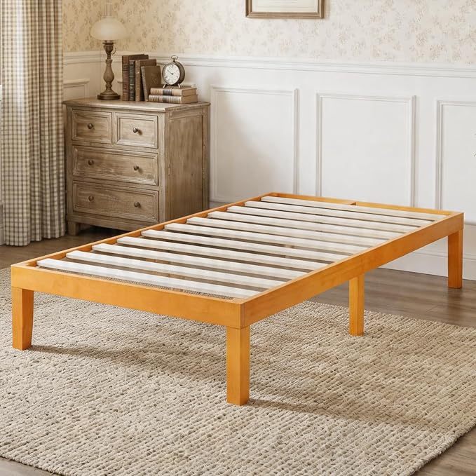 Sweetcrispy Twin Size Bed Frame 14 inch Heavy Duty Platform Bedframe, 500 lbs Capacity, Underbed Storage, No Box Spring Needed, Wooden Slats, Easy Assembly with Velcro, Honey Finish