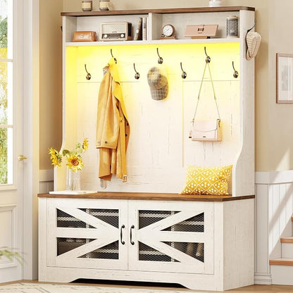 Itaar Hall Tree with Bench and Shoe Storage, 5-in-1 Entryway Bench with Coat Rack, 10 Shoe Cubbies & 9 Coat Hooks, Barn Door & Adjustable Shelf (White)