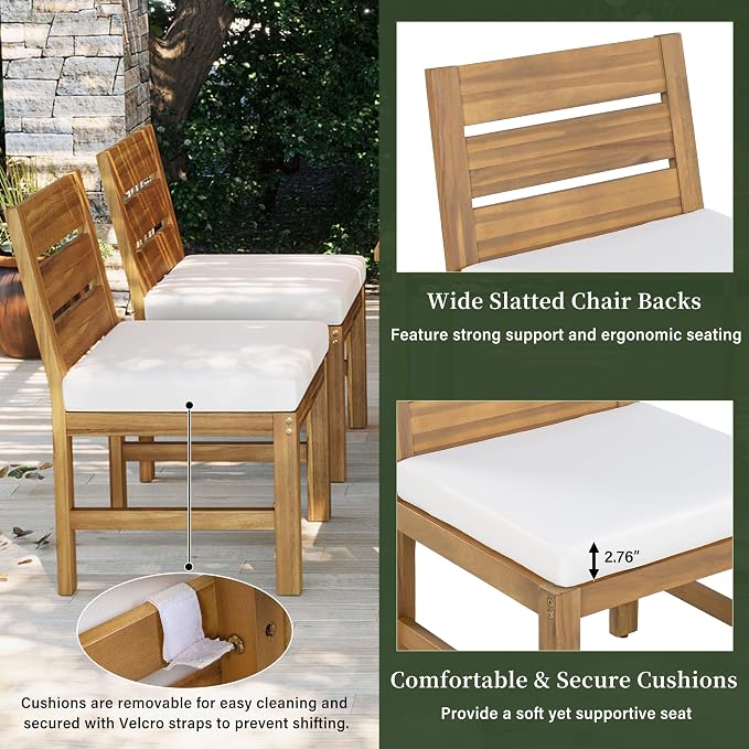 Quarte Premium 4-Piece Farmhouse Outdoor Dining Set in Solid Acacia Wood with Comfort Cushions and Adjustable Legs for Patio, Garden, Backyard (Beige+Natural5)