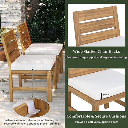 Quarte Premium 4-Piece Farmhouse Outdoor Dining Set in Solid Acacia Wood with Comfort Cushions and Adjustable Legs for Patio, Garden, Backyard (Beige+Natural5)