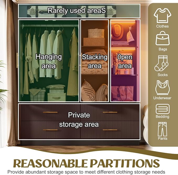 PAKASEPT 3 Door Armoire Wardrobe Closet, 70.87" H Bedroom Armoires with Drawers, Mirror, LED Light, Hanging Rod, Side Hooks, Large Capacity Storage Wardrobe Armoire for Bedroom (Black)