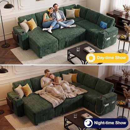 Vipbear Premium 86" Modular Sectional Sleeper Sofa, 5 Seat Sleeper Sofa with Pull Out Bed, L Shaped Couch with USB Ports|Storage Chaise|Cup Holders|Storage Armrests|Side Table, Green
