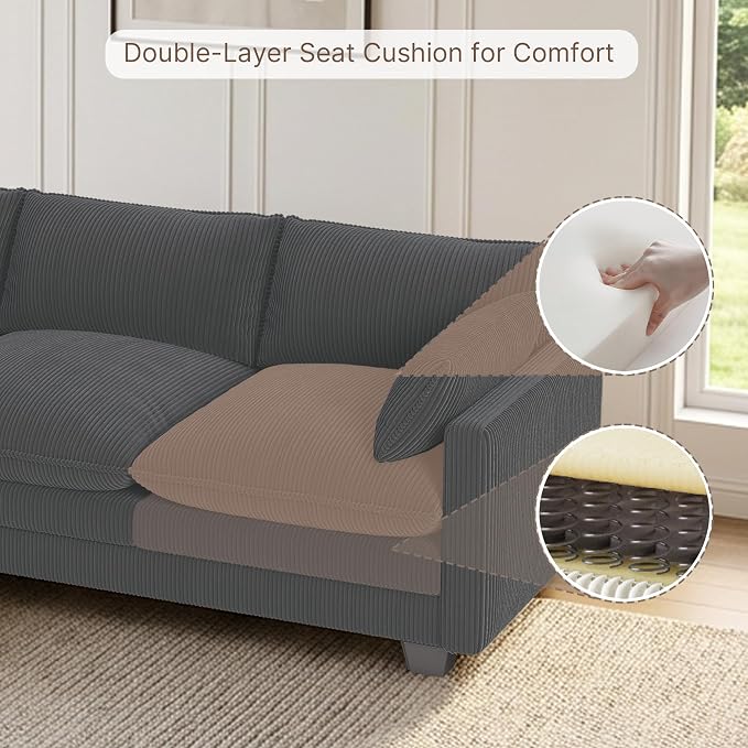 Gizoon 75'' Loveseat with Ottoman for Small Space L Shaped Cloud Coucher with Deep Seats, 2 Seater Love Seat Sofa with Washable Corduroy Cover for Living Room Bedroom, Gray