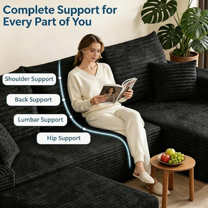 JINGLING 94" U Shaped Boneless Sectional Couch Set for Living Room, Plush Corduroy Modular Sofa with Ottoman, Small Space Apartment Couch, No Assembly, Right Facing Chaise, Black